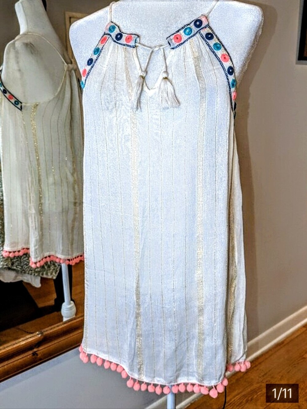 Papaya Cream Mini Dress with Pink Pom Pom Trim